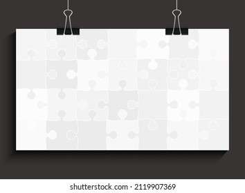 Background made grey pieces puzzle. Vector square banner jigsaw template with particles, details, tiles, parts. Poster frame pattern for education and presentation with element piece puzzle