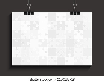 Background made grey pieces puzzle. Vector banner jigsaw template with particles, details, tiles, parts. Poster frame pattern for education and presentation