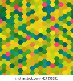 Background made of hexagons. Seamless background. Square composition with geometric shapes. Yellow, green, red colors. 