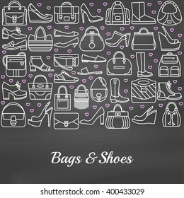 Background made of line icons. Bags and shoes. Chalkboard background. Vector illustration