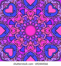 Fundo feito de mandala com corações em cores neon, textura circular