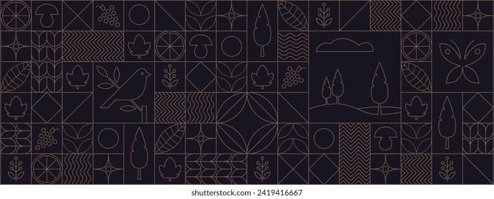 The background is made in a modern design, flat minimalism: trees, birds, fruits, berries, leaves, butterflies and various figures. the background is depicted in two colors: golden and dark blue.