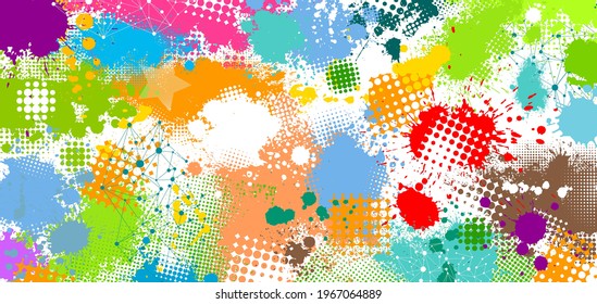 The background is made of multicolored paint stains. Horizontal rainbow background. Vector illustration