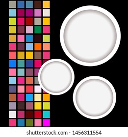 The background is made of multicolored squares. Round frame for text. Cover for notebook. Vector illustration