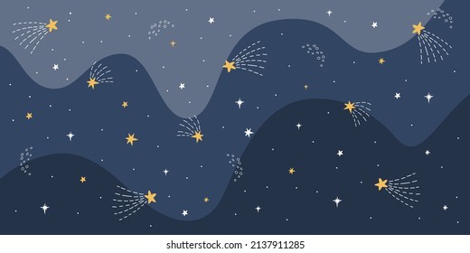 Background made with night sky with falling stars. Cute hand drawn elements.