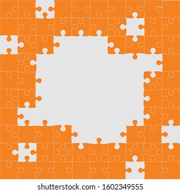 Background made with orange pieces puzzle. Vector square banner jigsaw template with particles, details, tiles, parts. Frame pattern for education and presentation with element piece puzzle.