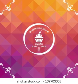  Background made of triangles.Square composition with geometric shapes, color flow effect. Card with cupcake symbol, vector illustration for your design.
