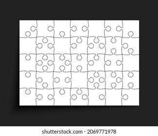 Background made with white pieces puzzle. Vector rectangle banner jigsaw template with particles, details, tiles, parts. Frame pattern for education and presentation with element piece puzzle.