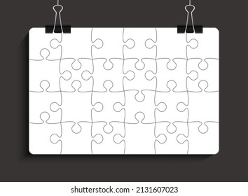 Background made white pieces puzzle. Vector square banner jigsaw template with particles, details, tiles, parts. Poster frame pattern for education and presentation with element piece puzzle