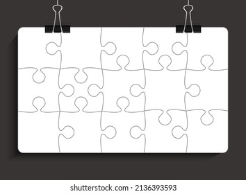 Hintergrund machte weiße Stückchen Rätsel. Vektorbanner-Jigsaw-Vorlage mit Teilchen, Details, Fliesen, Teilen. Plakatbild für Bildung und Präsentation