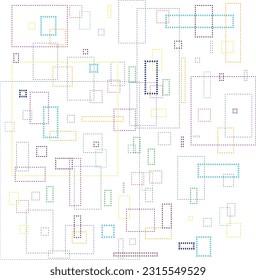 Background made of white squares of various sizes with colored dashed line edges. Vector illustration.