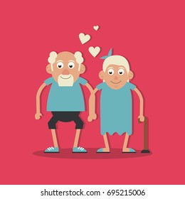 background magenta color with couple of grandparents in love and holding hands and her with walking stick
