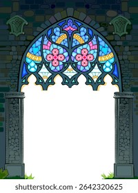 Background with magic gothic gate and stained glass window. Drawing of fantasy fairy tale environment. Hand drawn vector Illustration for computer game, children's book cover, wallpaper, decoration.