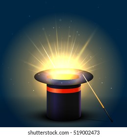 Background Magic Hat With Glow. Magic Wand Vector Illustration