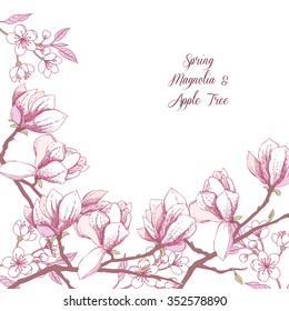 Fondo con magnolia y manzano. Flores de primavera dibujadas a mano. Ilustración vectorial