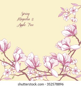 Background with magnolia and apple tree. Hand drawn spring flowers. Vector illustration