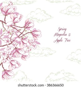 Background with magnolia and apple tree. Hand drawn spring flowers. Vector illustration