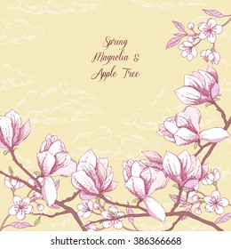 Background with magnolia and apple tree. Hand drawn spring flowers. Vector illustration