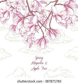 Background With Magnolia And Apple Tree. Hand Drawn Spring Flowers. Vector Illustration