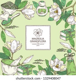 Background with magnolia grandiflora: flowering branch, leaves, magnolia grandiflora flowers, bud, soap and bath salt . Cosmetic, perfumery and medical plant. Vector hand drawn illustration