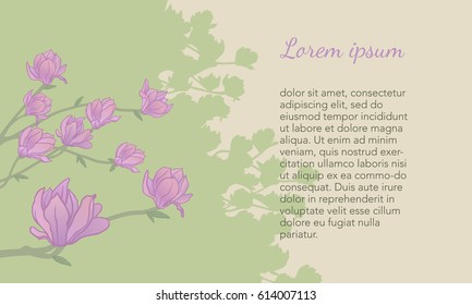Background with magnolia tree and text space on the right. Green and pink. Vector illustration.