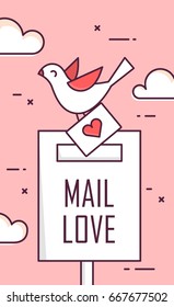 Background with mail love, dove and envelope. Thin line flat design greeting card. Vector.