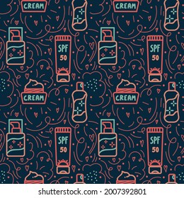Background with makeup tools and care cosmetics. Vector pattern for self-care textiles. Illustration of the background of a cream, mask, ointment for eyes and lips. Vector illustration