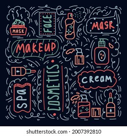 Background with makeup tools for skin care. Inscriptions cosmetics, spa, mask, cream. Cosmetics for self-care, face, hands. A pattern with skin care tools. Vector illustration