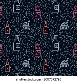 Background with makeup tools for textiles. Cosmetics for self-care creams in tubes and jars, water for washing off cosmetics from the face. A pattern with skin care tools. Vector illustration