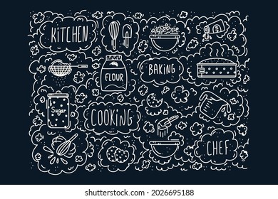 Background for making dessert. Illustration with letters and baking ingredients Linear vector doodle background for kitchen textiles. Vector illustration