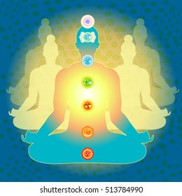 background man sitting in lotus position meditating with chakra. vector illustration