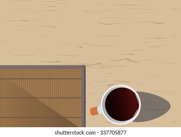 background manager workplace: a wooden desk with a cup of coffee