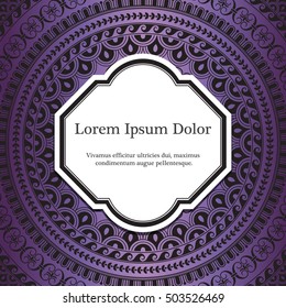 Background with mandala in black and purple colors. Based on ancient greek, islamic and turkish ornaments. For invitation, banner, postcard or flyer.