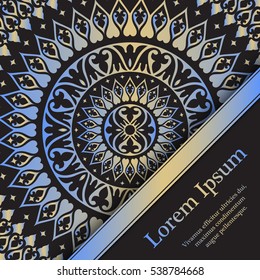 Background with mandala in blue and black colors. Based on ancient greek, islamic and turkish ornaments. Template for invitation, banner, postcard or flyer.