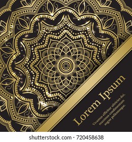 Background with mandala in gold and black colors. Based on ancient greek, islamic and turkish ornaments. Template for invitation, banner, postcard or flyer.