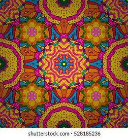 Background with mandala. Orange, blue, yellow, green. Vector.