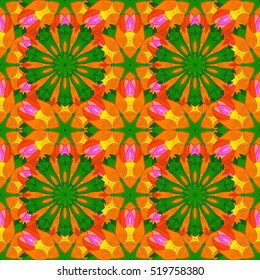 Background with mandala. Orange, pink, yellow, green. Vector.