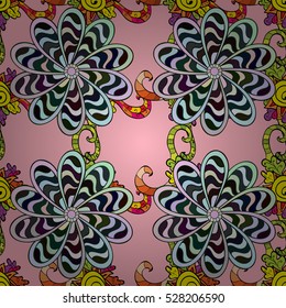 Background with mandala. Orange, pink, yellow, green. Black and white stripe flowers. Vector.