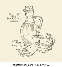 Background with mango and bottle of mango oil. Vector hand drawn illustration