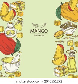 Background with mango fruit and mango slice. Soap and bath salt . Cosmetic and medical plant. Vector hand drawn illustration. 