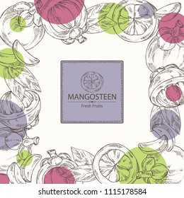 Background with mangosteen mangosteen fruit and leaves. Vector hand drawn illustration.
