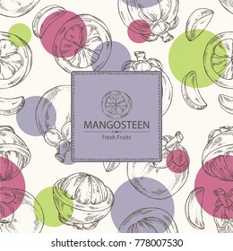 Background with mangosteen mangosteen fruit and leaves. Vector hand drawn illustration.