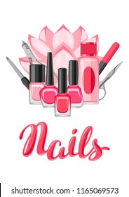 Background with manicure tools. Nail polishes and professional equipment for manicure salons.