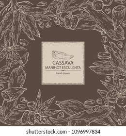 Background with manihot esculenta: cassava root, tuber, manihot slice and leaves. Vector hand drawn illustration.