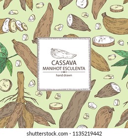 Background with manihot esculenta: cassava root, tuber, manihot slice and leaves. Vector hand drawn illustration.