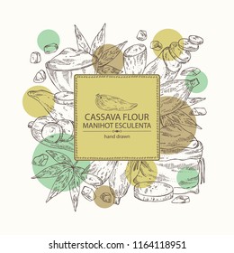 Background with manihot esculenta: cassava root, tuber, manihot slice, bag with flour and leaves. Vector hand drawn illustration.