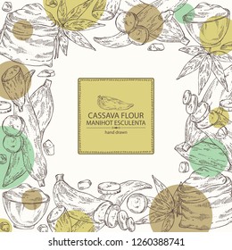 Background with manihot esculenta: cassava root, tuber, manihot slice, bag with flour and leaves. Vector hand drawn illustration.