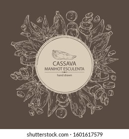 Background with manihot esculenta: cassava root, tuber, manihot slice and leaves. Vector hand drawn illustration.