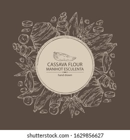 Background with manihot esculenta: cassava root, tuber, manihot slice, bag with flour and leaves. Vector hand drawn illustration.