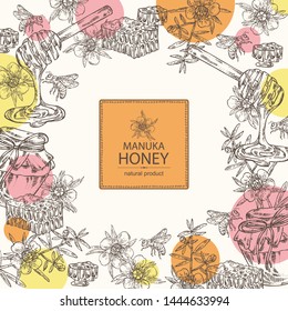 Background with manuka honey: flowers of manuka, bee and jar of honey, honeycomb. Vector hand drawn illustration.